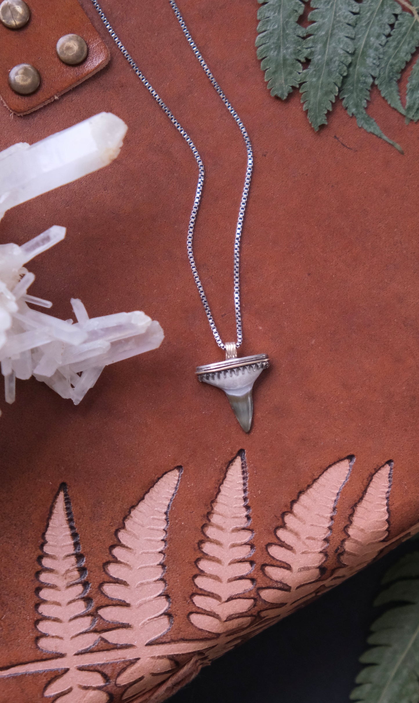 Shark Bait Pendant Necklace, Fossilized Tooth, Sterling & 10kt