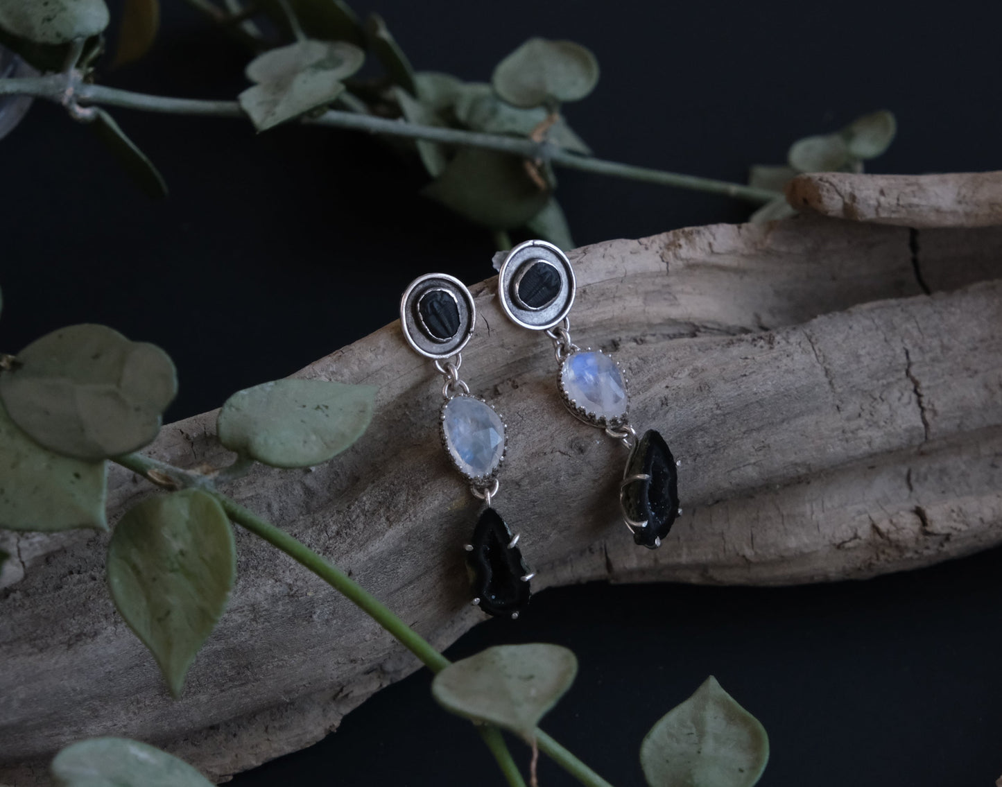 Trilobite Fossils, Moonstone & Agate Geode Stud Earrings