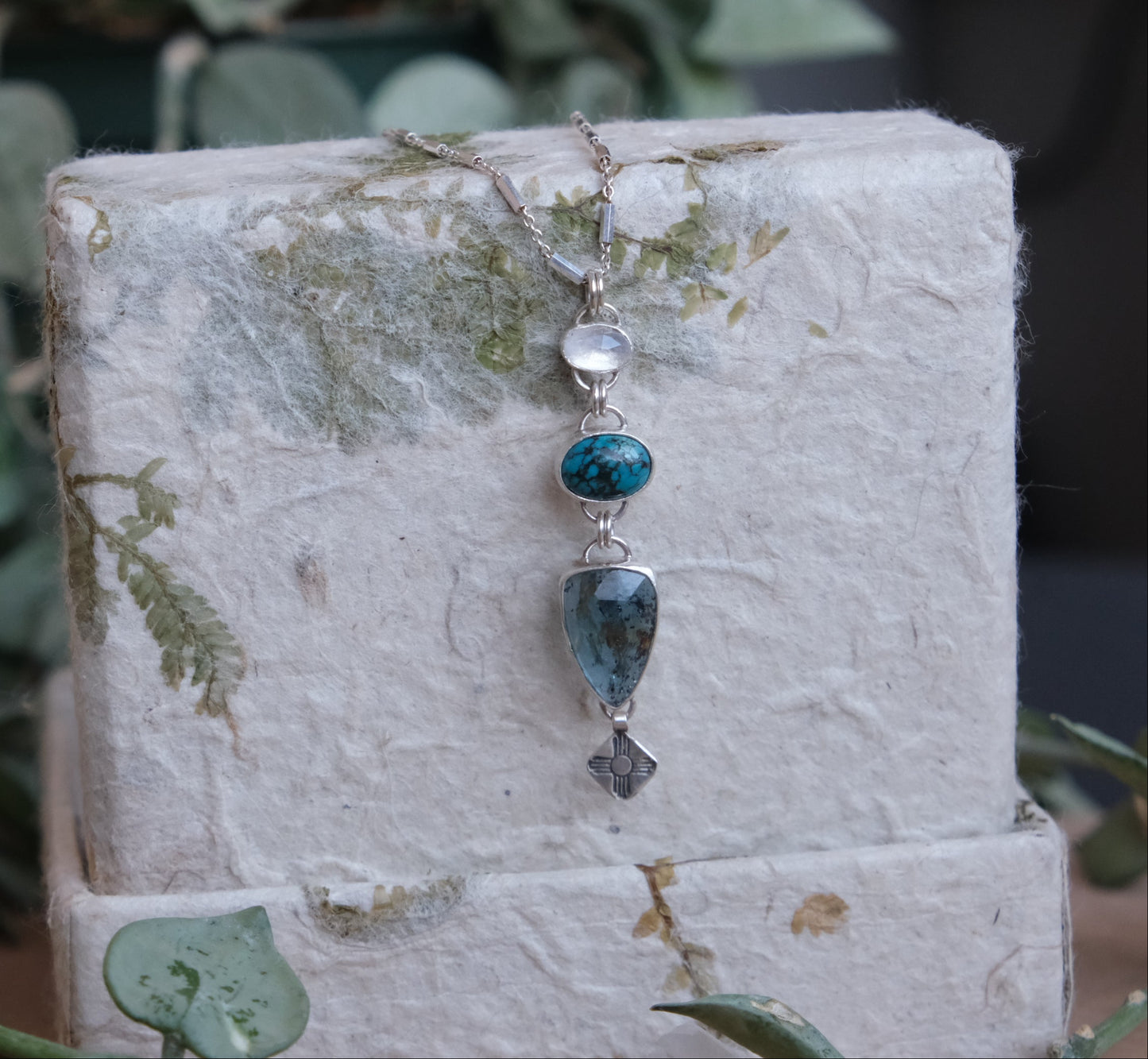 Waterfall of Gems Necklace; Moonstone, Turquoise, Kyanite