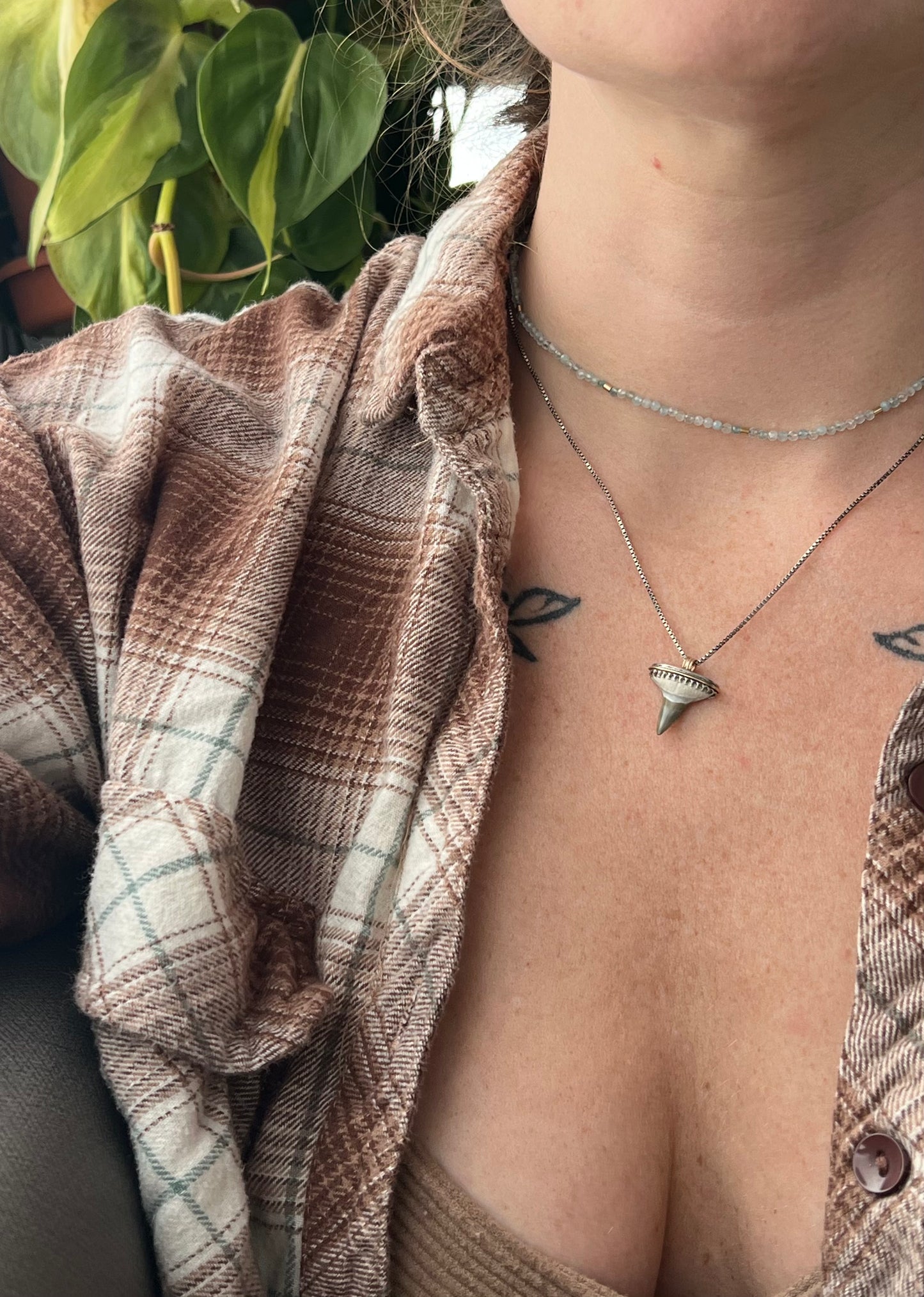 Shark Bait Pendant Necklace, Fossilized Tooth, Sterling & 10kt