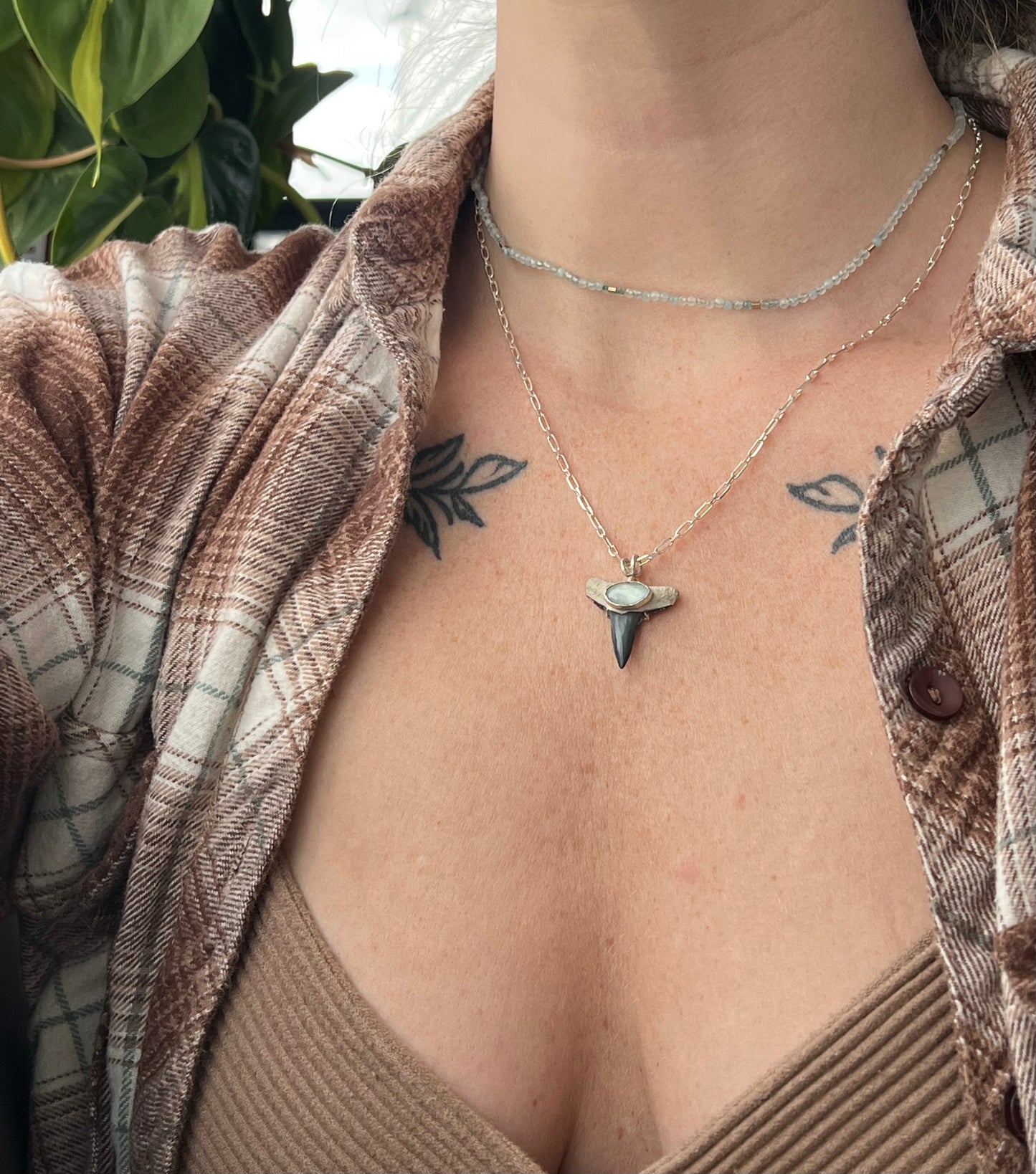 Shark Bait Pendant Necklace, Fossilized Tooth with Aquamarine