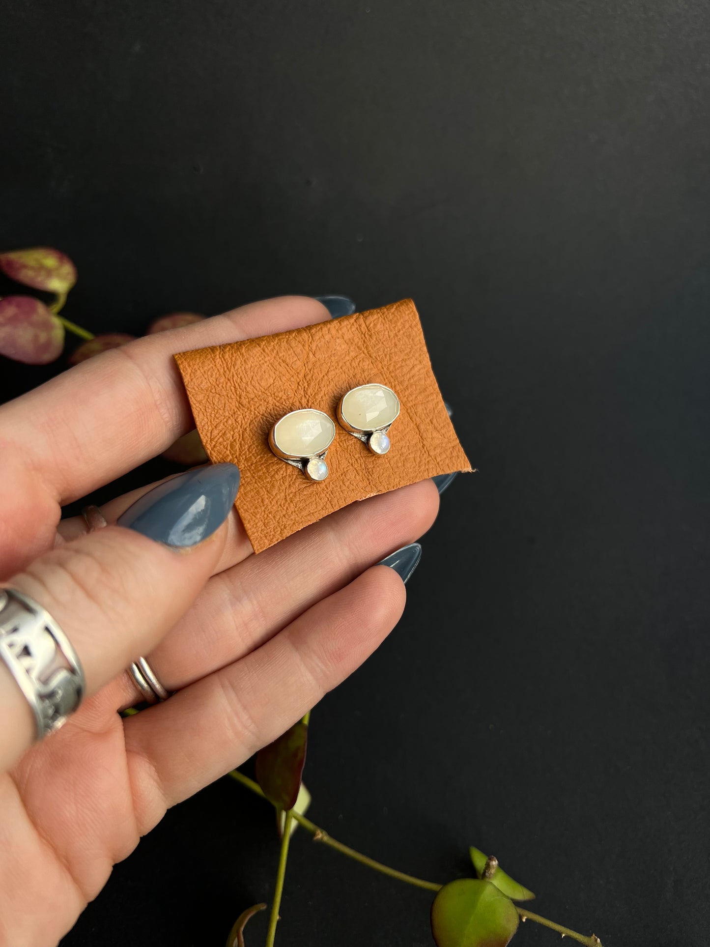 Double Moonstone Stud Earrings