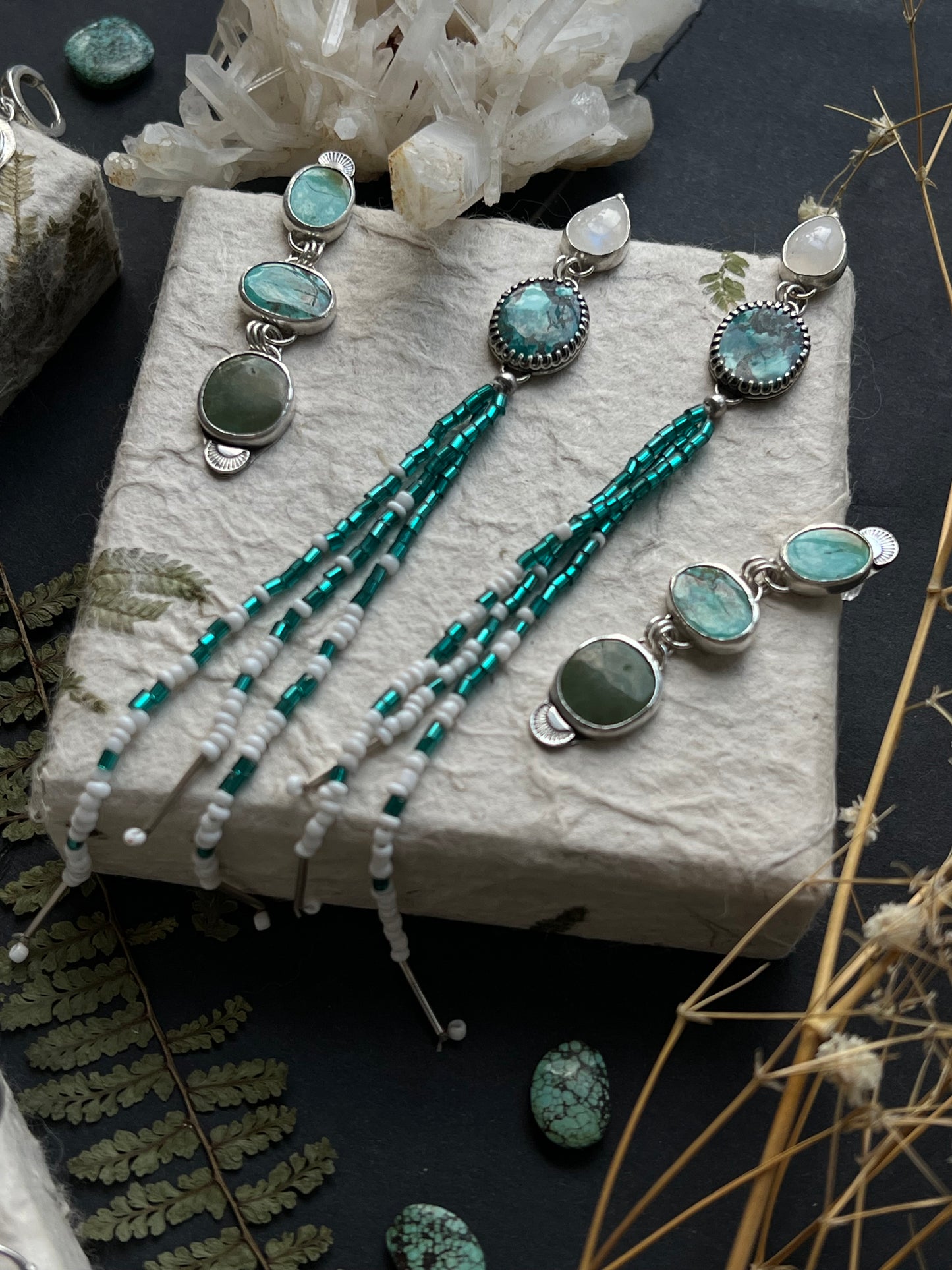 Moonstone & Turquoise Beaded Shoulder Duster Earrings