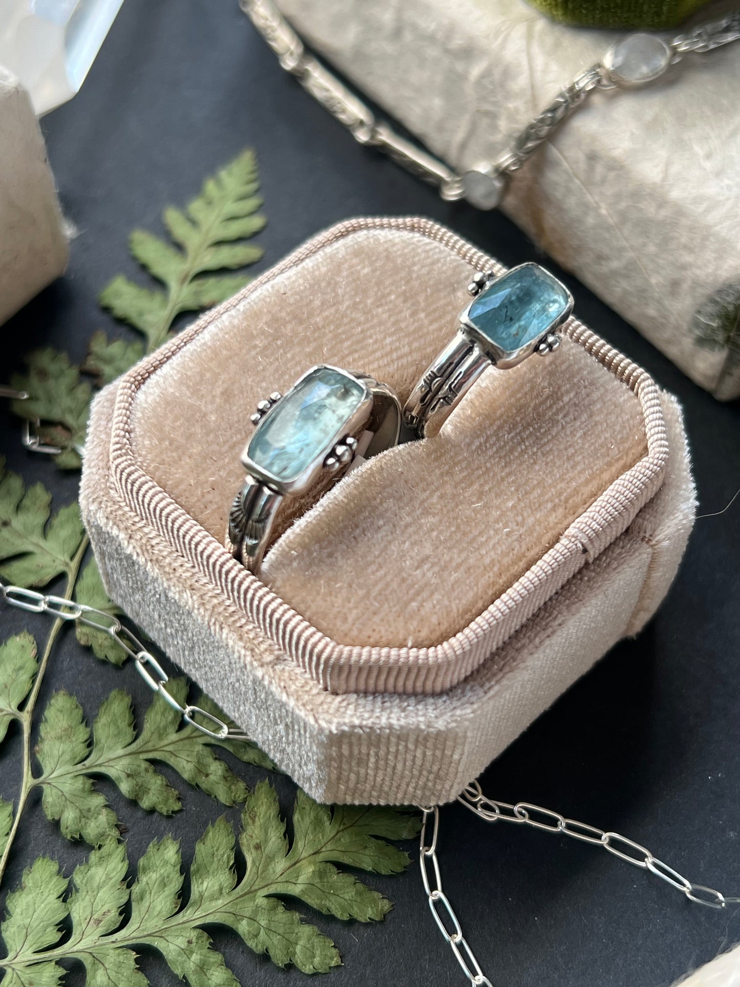 Aqua Kyanite Stamped Dual Band Rings