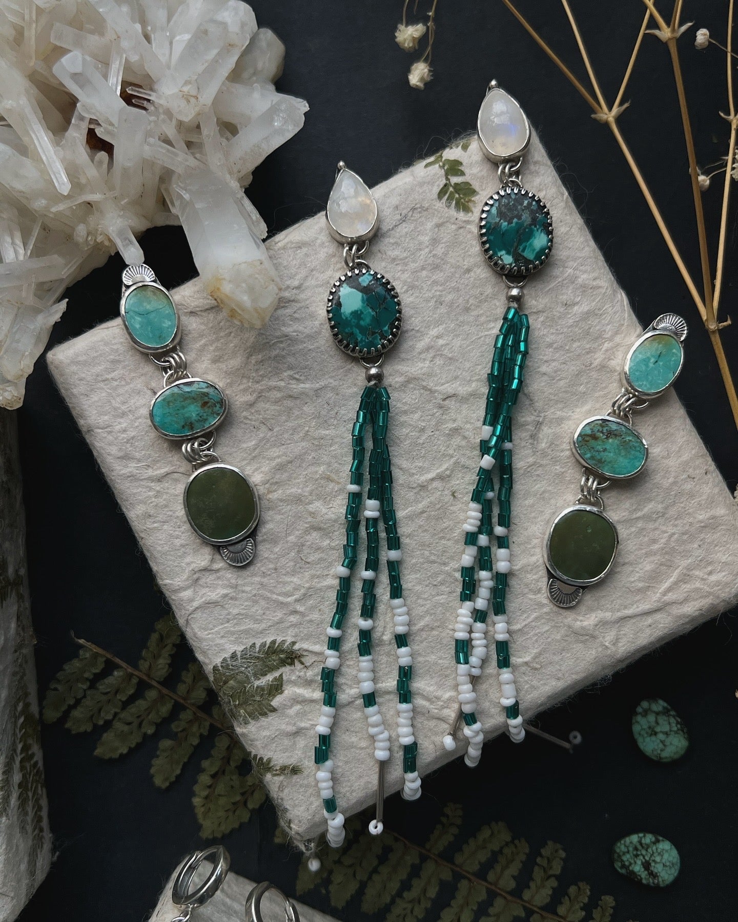 Moonstone & Turquoise Beaded Shoulder Duster Earrings