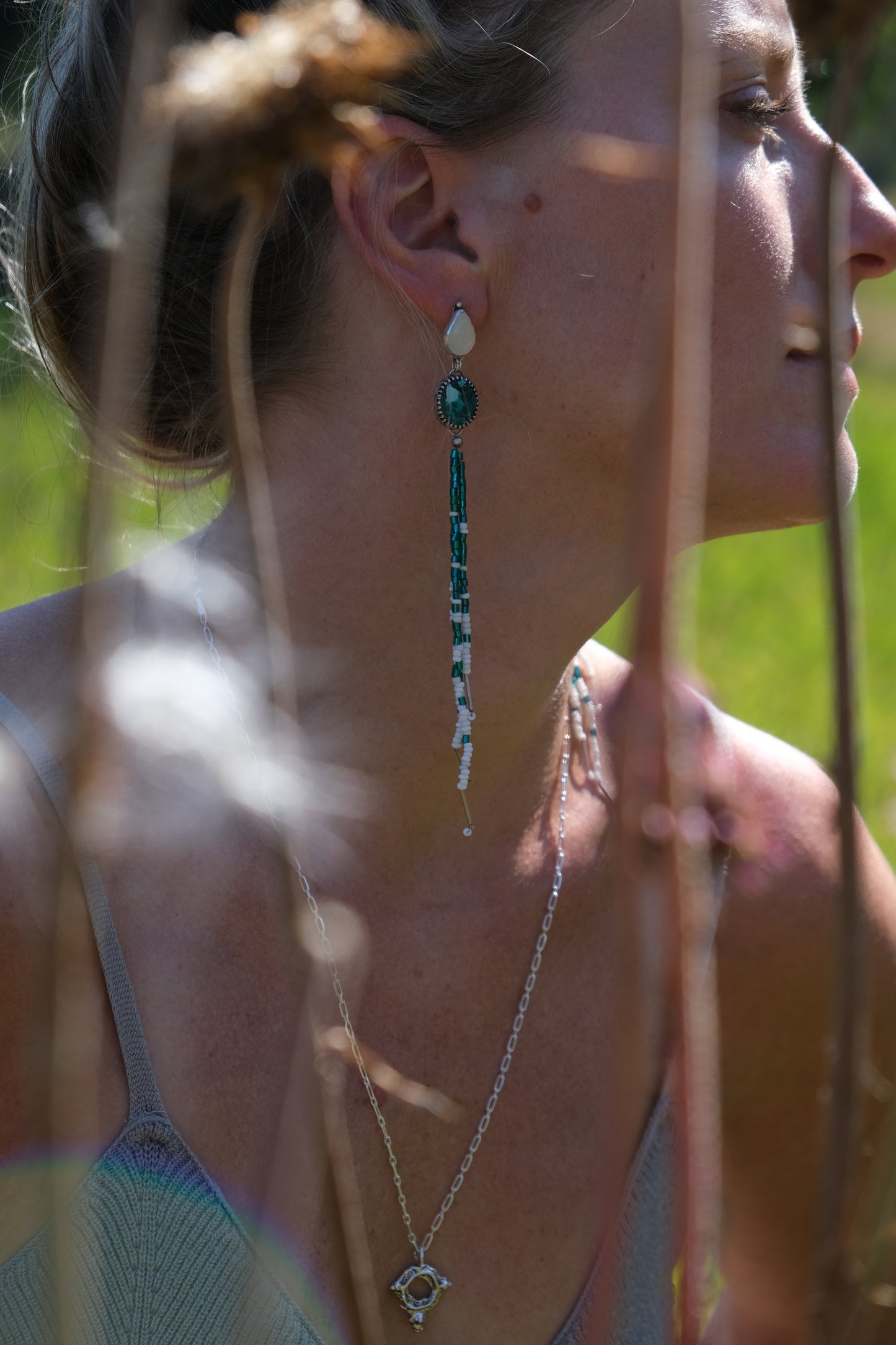 Moonstone & Turquoise Beaded Shoulder Duster Earrings