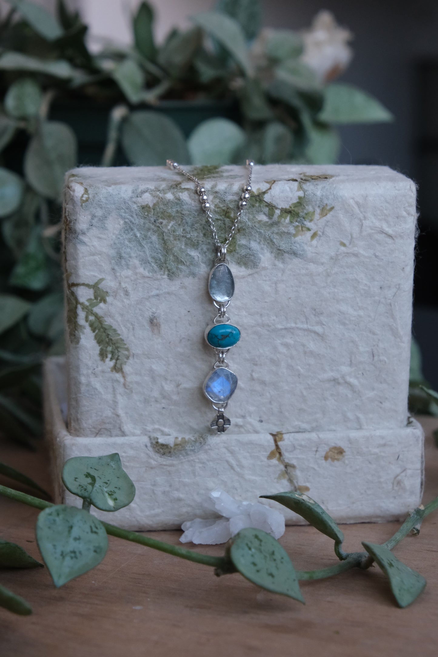 Waterfall of Gems Necklace; Aquamarine, Turquoise, Moonstone