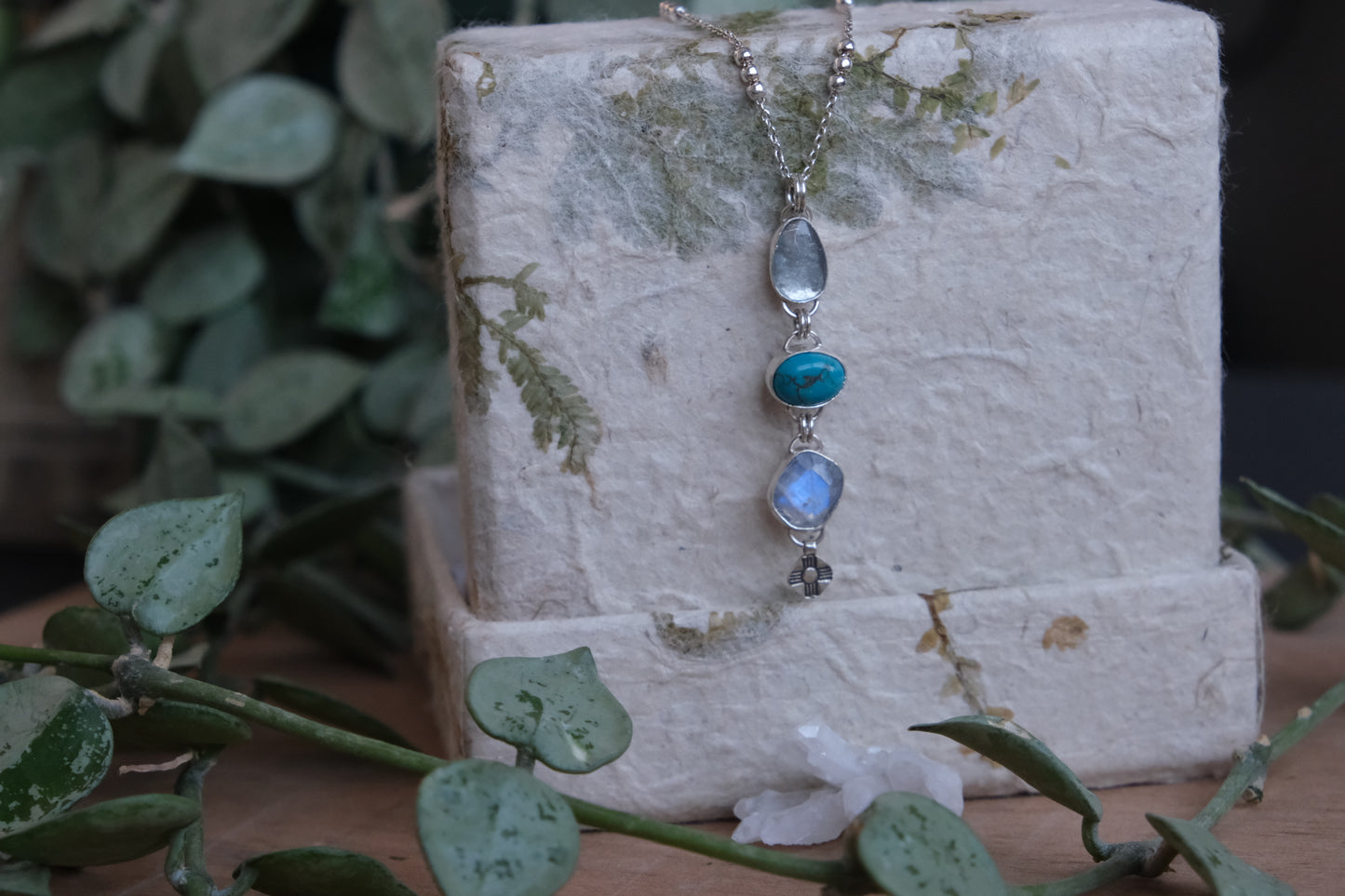 Waterfall of Gems Necklace; Aquamarine, Turquoise, Moonstone