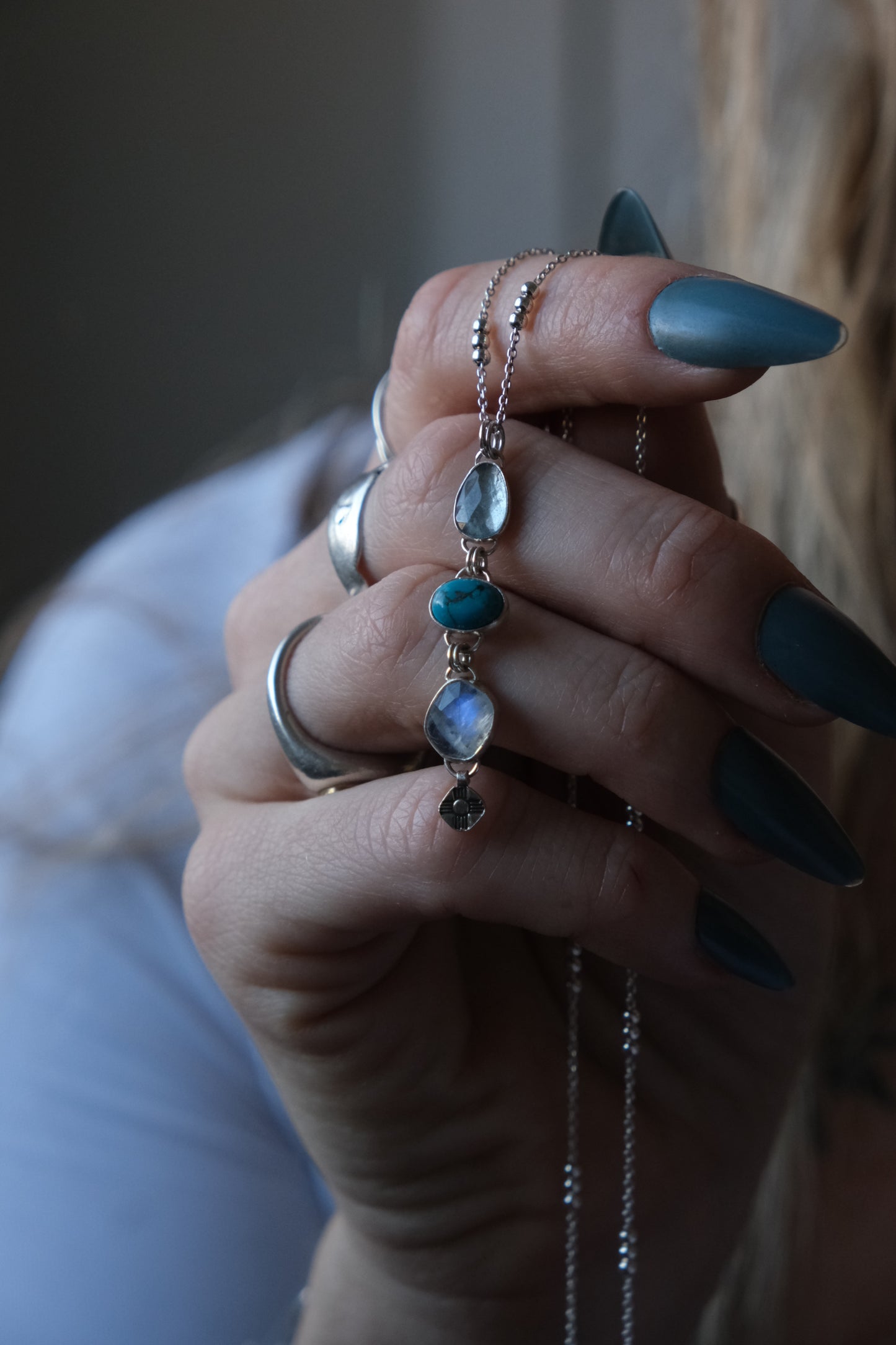 Waterfall of Gems Necklace; Aquamarine, Turquoise, Moonstone