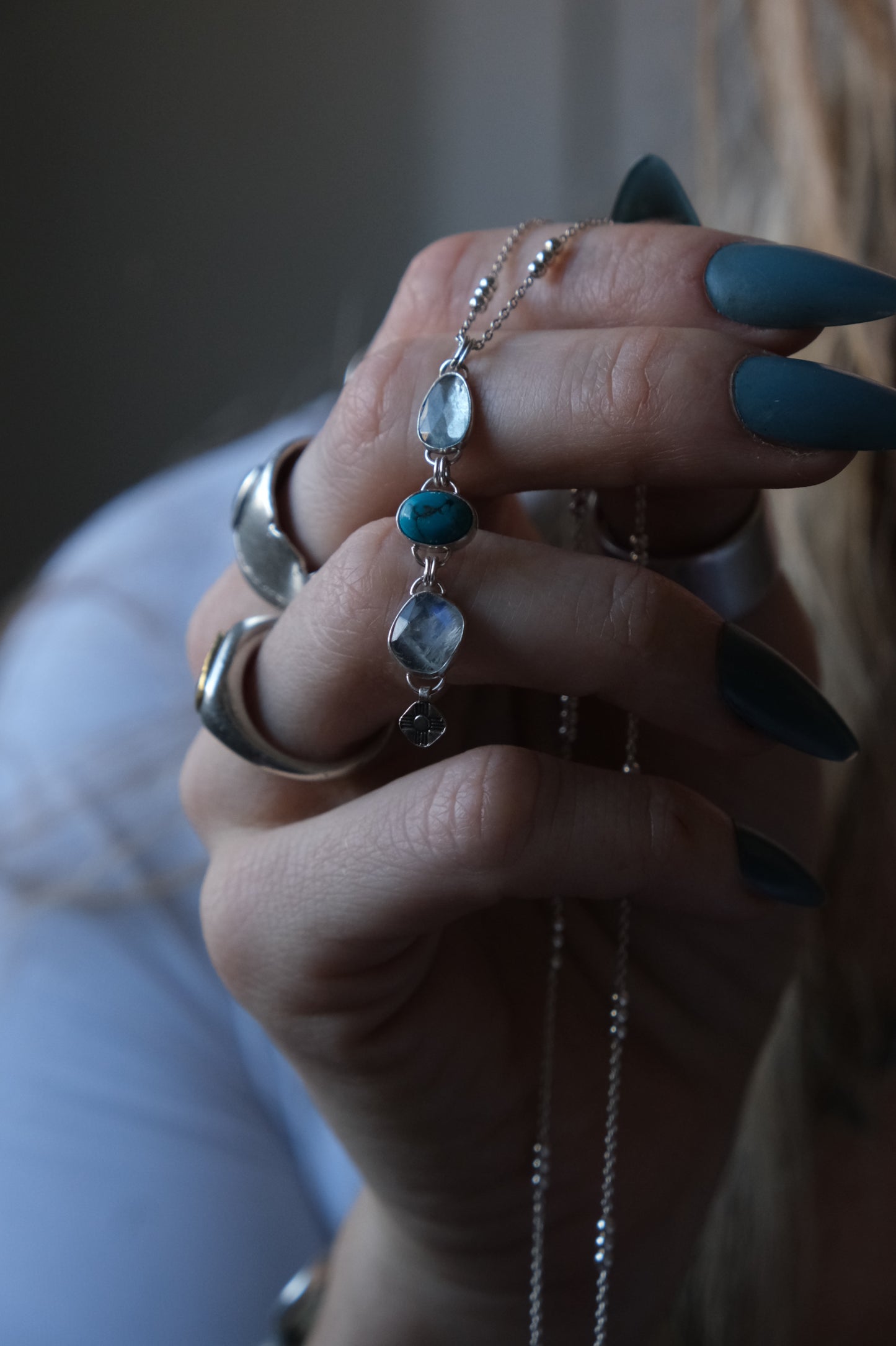 Waterfall of Gems Necklace; Aquamarine, Turquoise, Moonstone
