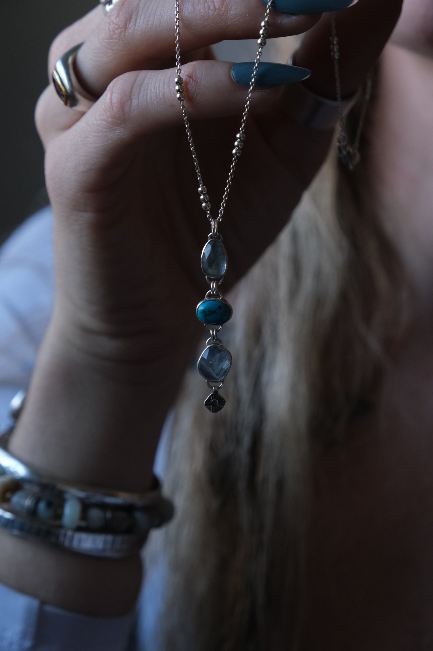 Waterfall of Gems Necklace; Aquamarine, Turquoise, Moonstone