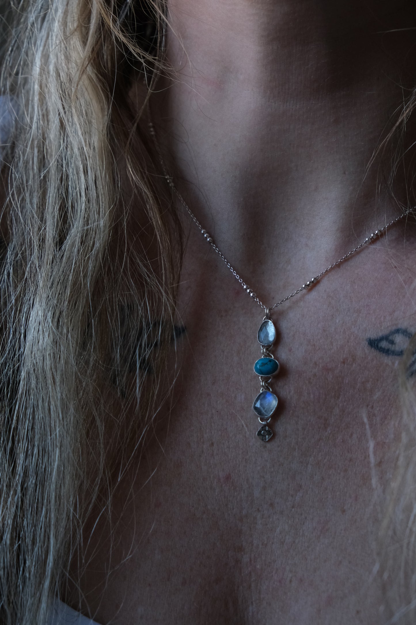 Waterfall of Gems Necklace; Aquamarine, Turquoise, Moonstone