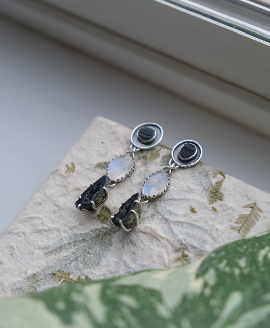Trilobite Fossils, Moonstone & Agate Geode Stud Earrings