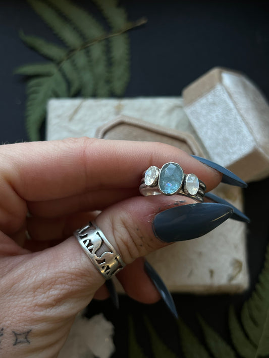 Aquamarine & Moonstone Triple Band Ring