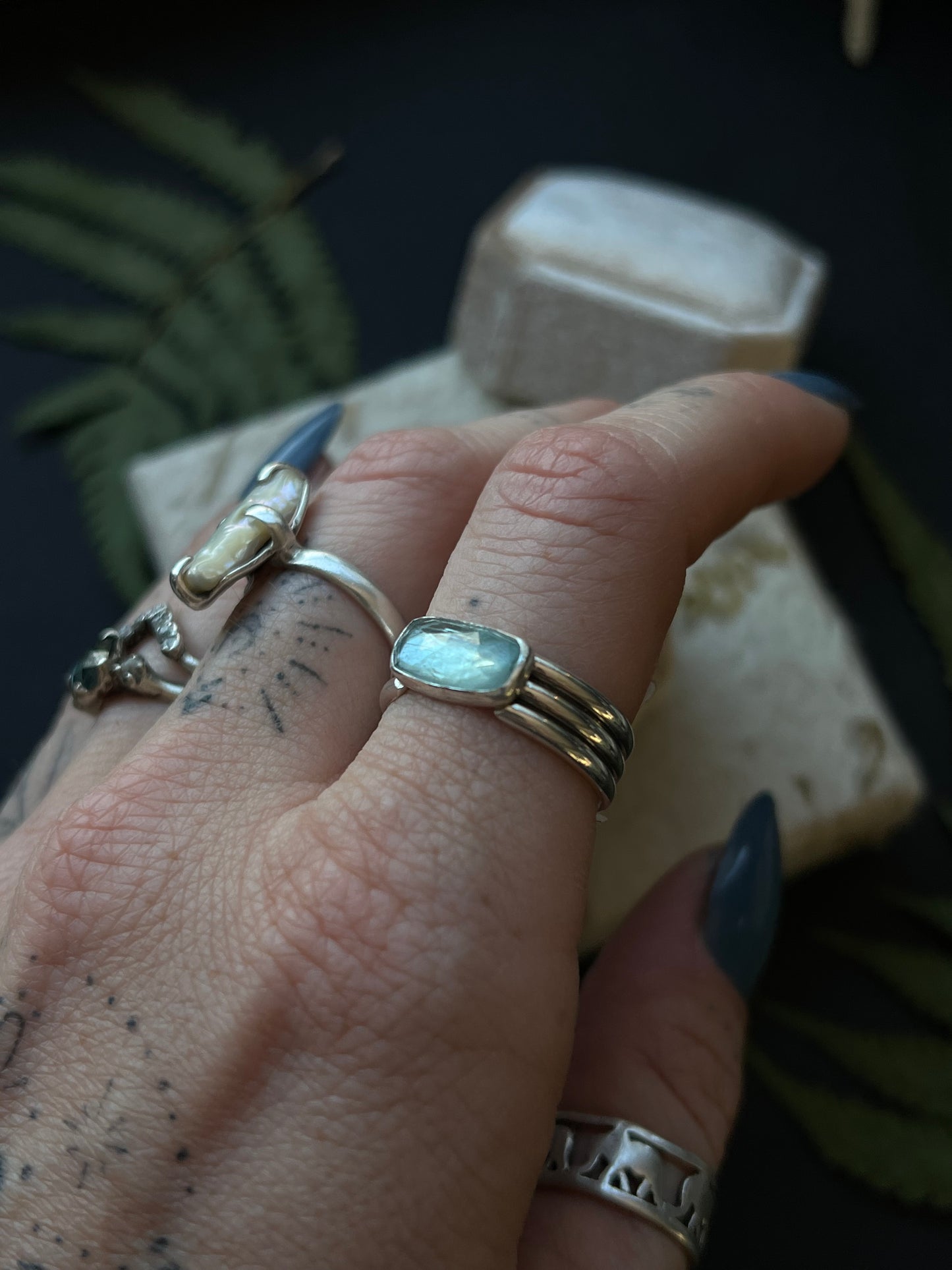 Aqua Kyanite Triple Band Ring